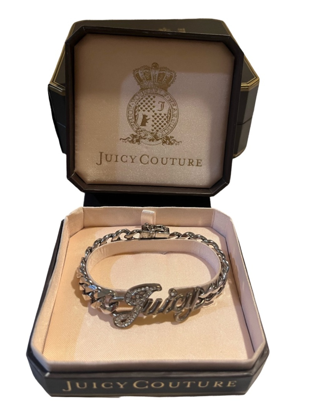 Juicy Couture Silver-Tone Logo Chain Bracelet with Rhinestones